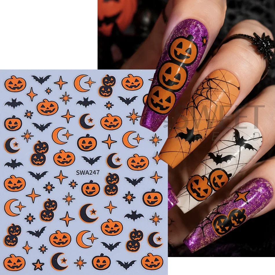 2 Stück Halloween-Nagelaufkleber, niedliches Cartoon-Design mit Kürbis, Fledermaus, Spinnennetz, Stern, Mond, selbstklebende Nagelaufkleber, Maniküre-Dekorationen – Detail 3