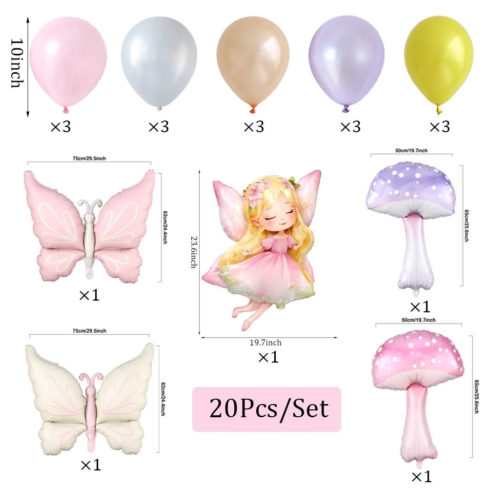 20/28-teiliges Feen-Themen-Ballonset Rosa Lila Fee Schmetterling Pilz Folienballon Mädchen Geburtstag Feenwunderland Party Deko – Detail 5