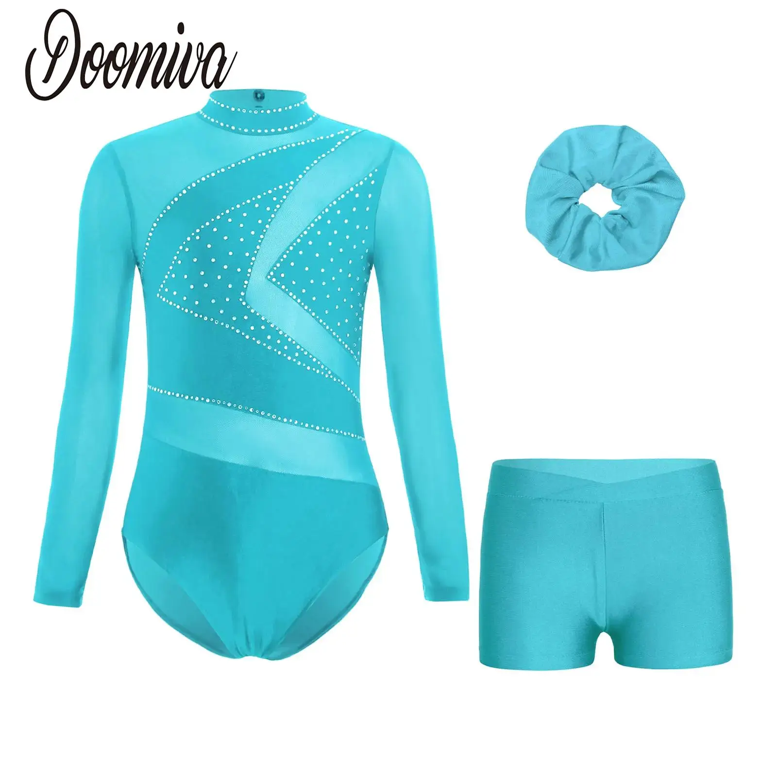 

Girls Gymnastics Figure Skating Performance Costume Mesh Long Sleeve Cutout Back Rhinestones Leotard with Shorts Hairband Set