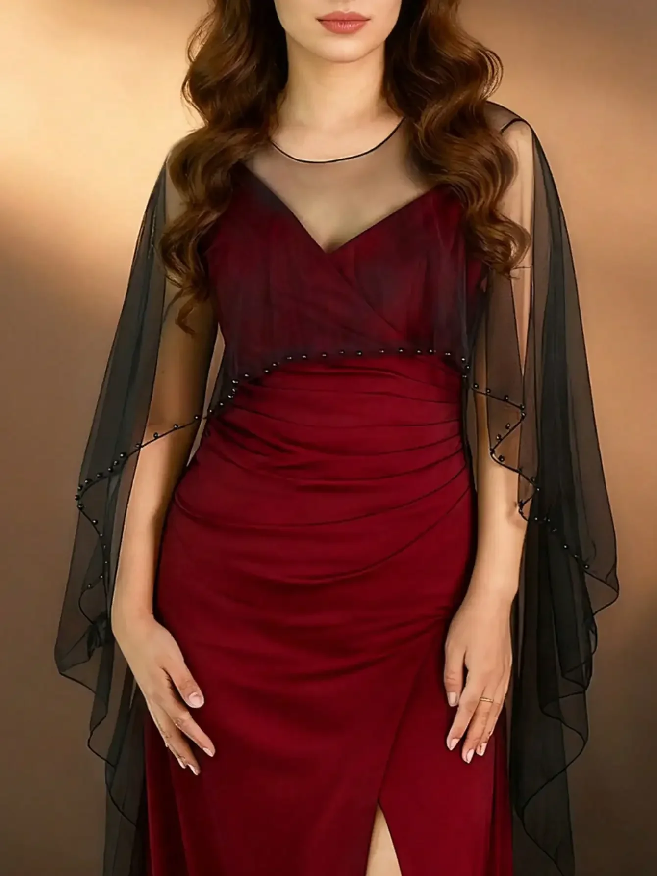 

2026 1pc Fashion Black Mesh Shawl, Floor Length Party, Wedding, Ceremony Accessory Cape