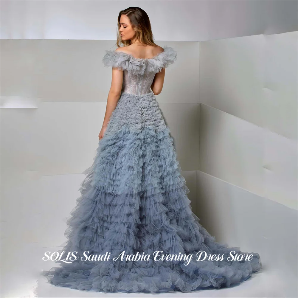 

SOLIS Dusty Blue Layered Tulle Evening Dress Off the Shoulder Prom Dress Party Dresses A Line Gala Dress for Women Customized
