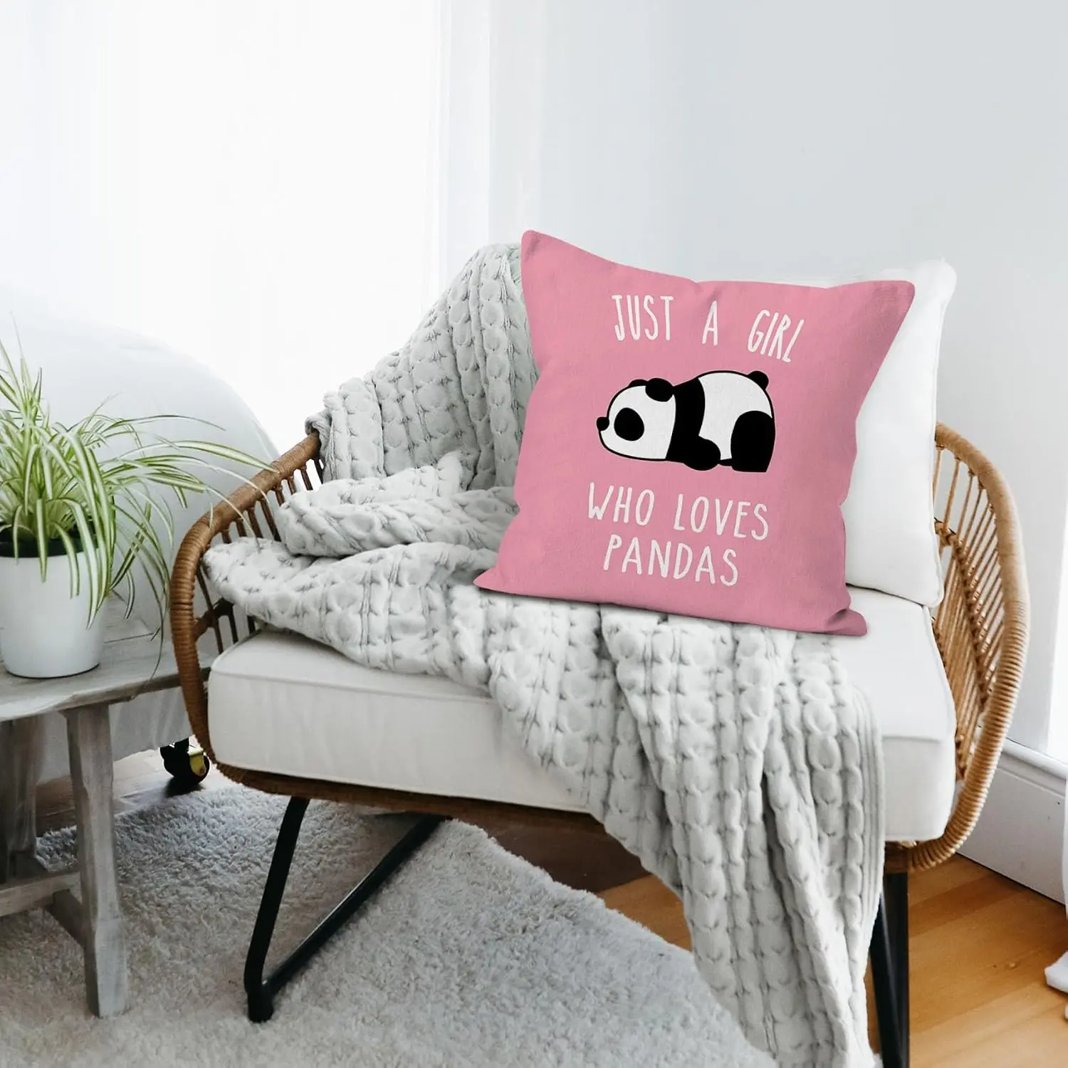 Just A Girl Who Loves Pandas Pillowcase, Pink Cute Sleeping Bear Cushion Cover, Kawaii Animal Quote Home Decor, Gift for Her