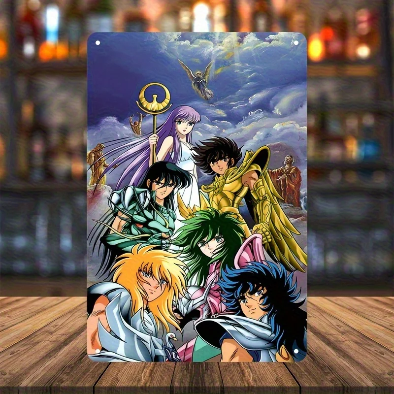 Scutcheon Saint Seiya Anime Metal Sign - Retro Wall Art with Vibrant Cosmic Background & Dynamic Character Poses Luminous Visua