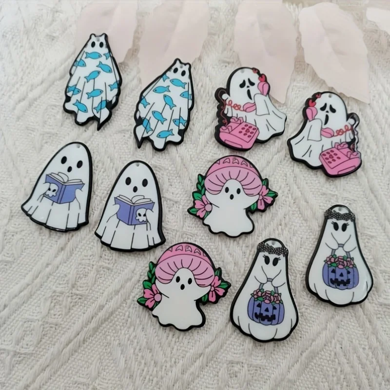 10PCS Halloween Ghost Curse Set - Acrylic Double sided DIY Pendant Accessories, Suitable for Earrings, Necklaces, Keychains, and