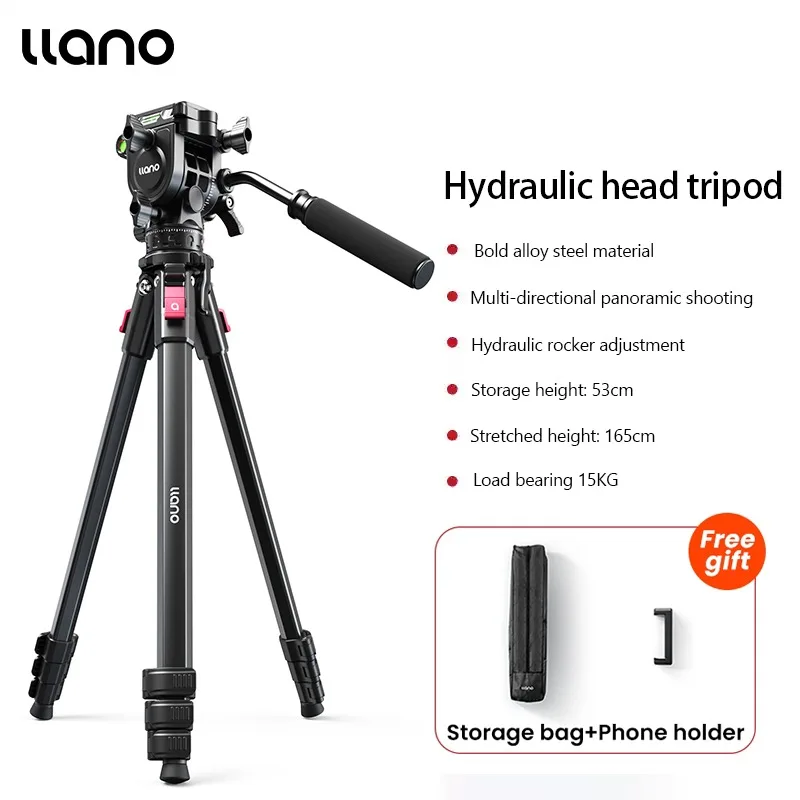 Llano Professionele Fotografie Camera Statief Reistelefoon Statief met Fluid Head (Max. Belasting: 15KG) Hoogte van 53cm tot 165cm