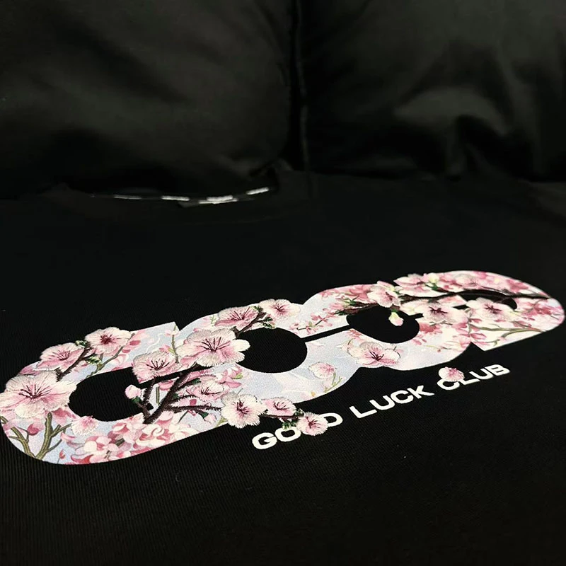 Summer Men Women Breathable Cotton Round Neck Short Sleeve GOODBRAND Tshirts Embroidered Peach Blossoms Good Luck Club Top Tees