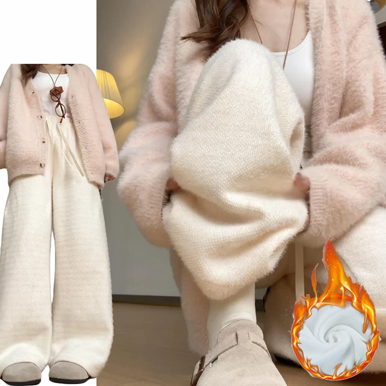 Thiened malha fce calças casuais femininas cintura alta perna reta outono inverno relaxar ajuste efeito de emagrecimento arroz macarrão calças