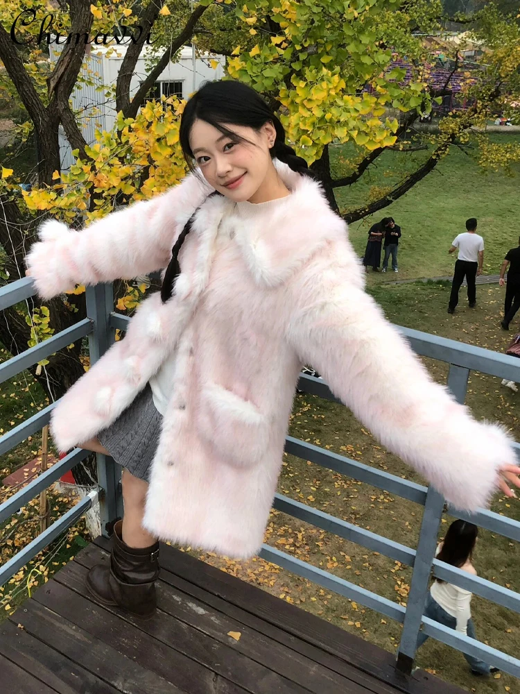 

Fashion Mid-Length Women's Fox Fur Coat 2023 Winter Korean Style Commuter Pink Sweet Cute Long Sleeve Pockets Faux Fur Coat