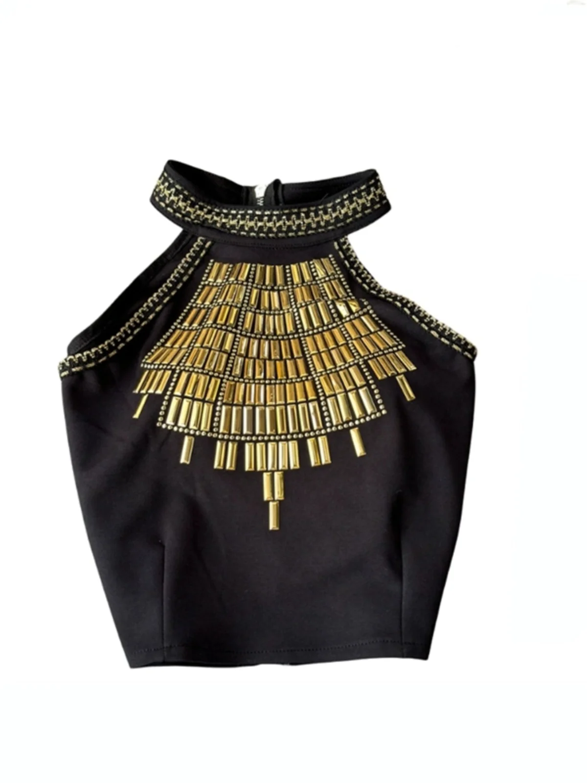 Foamlina Fashion 2025 Summer New Niche Metal Rivet Design Zipper Neck Vest Top for Women Street Shopping Short T-shirt Blouse