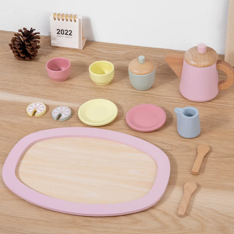 Girl\'s House Simulation Afternoon Tea Baby Wooden Educational ToysTea Set Puzzle Toys Wooden Pretend Play Toys