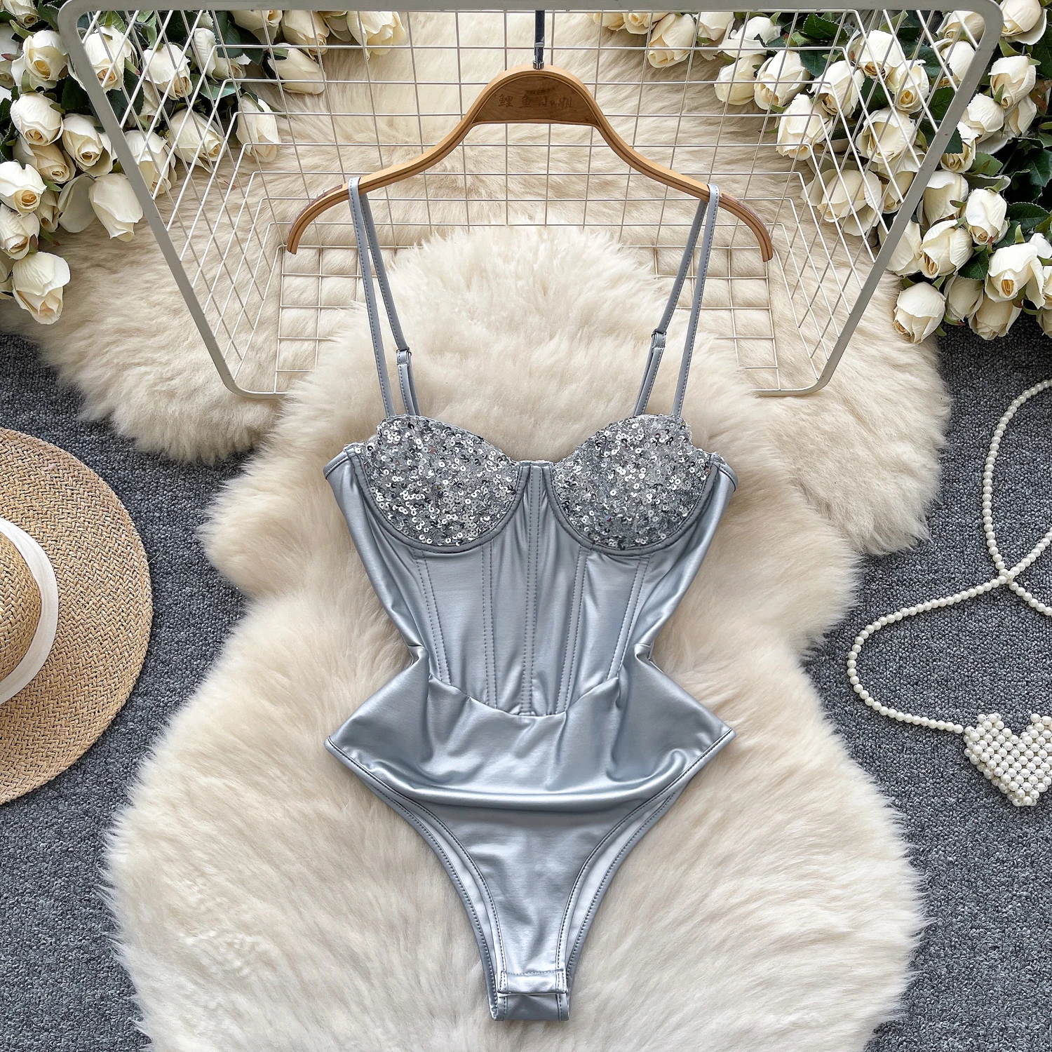 Chic sexy dos nu sans manches épissé sequin mince Vintage débardeur mode coréenne Corset Bustier Hotsweet Y2k fronde haut court