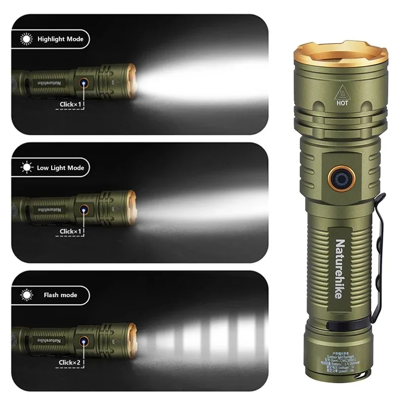 Naturehike Flashlight Portable Camping Light 3 In 1 Outdoor Waterproof LED Flashlight USB Rechargeable Lamp Hanging Tent Light