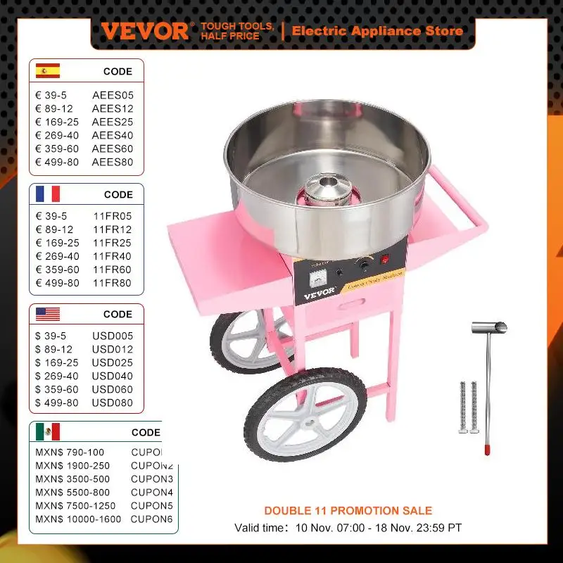 

VEVOR электрическая машина для хлопковой конфеты с тележкой 1000 Вт коммерческая машина для флосса с чашей из нержавеющей стали