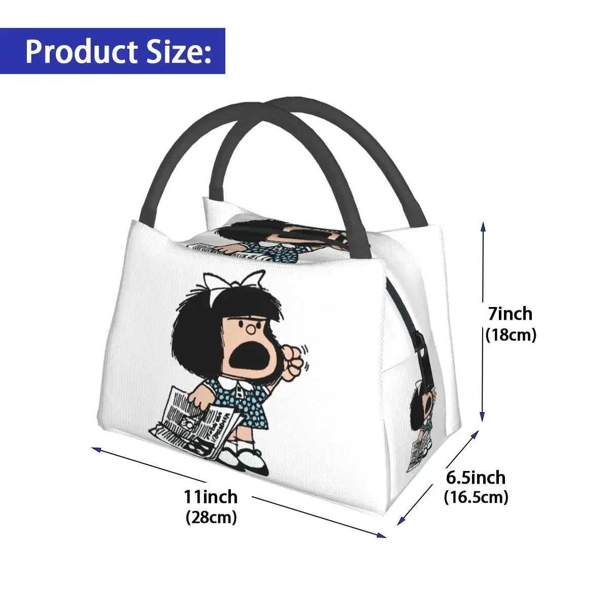 Angry Mafalda Lunch Bag World Comic Aesthetic Lunch Box For Adult Office Portable Zipper Cooler Bag Graphic Tote Food Bags