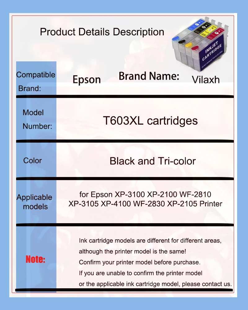 Vilaxh 603XL 603 T603 603XL T603  Ink Cartridges For Epson XP 2100 2105 3100 3105 4100 4105 2810 2830 Printer