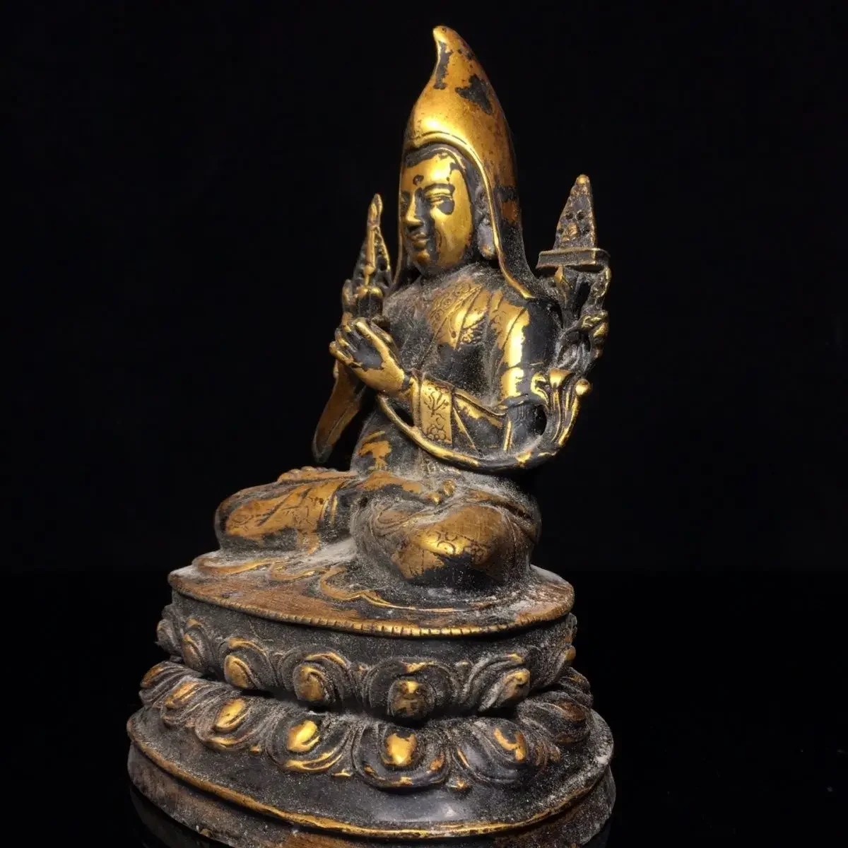 Antique Tsongkhapa Statue Tibetan Buddhism Guru Figurine Lotus Seat Religious Altar Decor Collectible Ornament