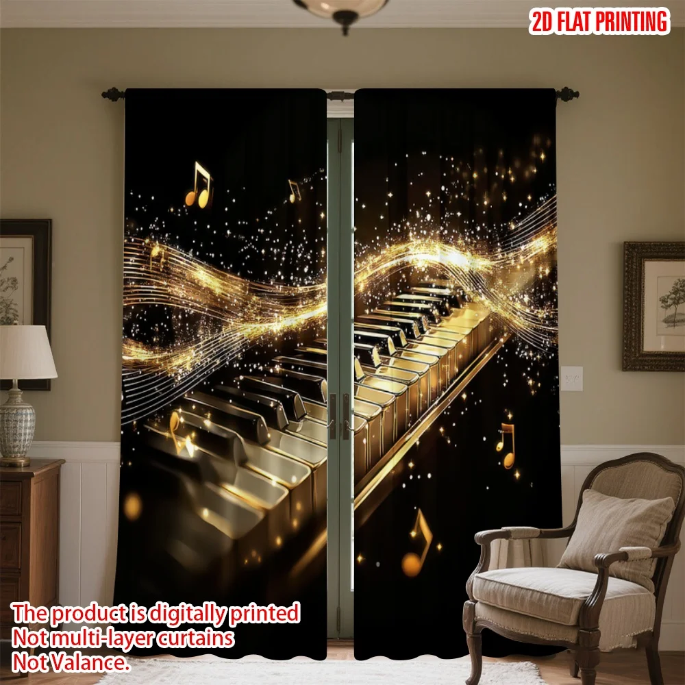 

2D flat printing 2pcs Drapes Golden Piano Melody Digital Printed Polyester Drapes Family Party Decoration Use for Booths Studio