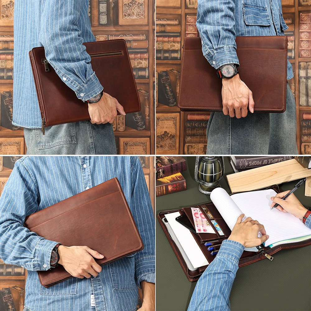 Crazy Horse Leather Zippered Portfolio Organizer Folder for Men Women 12.9\' iPad Pro Portable Business Journal Document A4 Bag