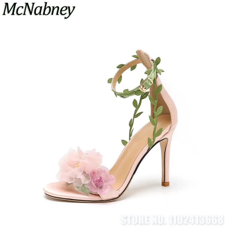 

Pink Pastoral Chiffon Flower Sandas Fantasy High Heel Shoes with Vine Strap Bukle Decor Lady Pumps Party Wedding Bridal Shoes