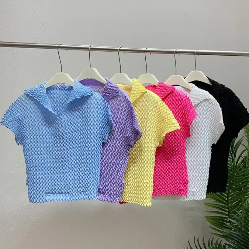 

Miyake 2025 Summer Pleated Round Neck Solid Color Versatile Loose Elastic Lapel Top Korean Women's Casual Commuting Wear