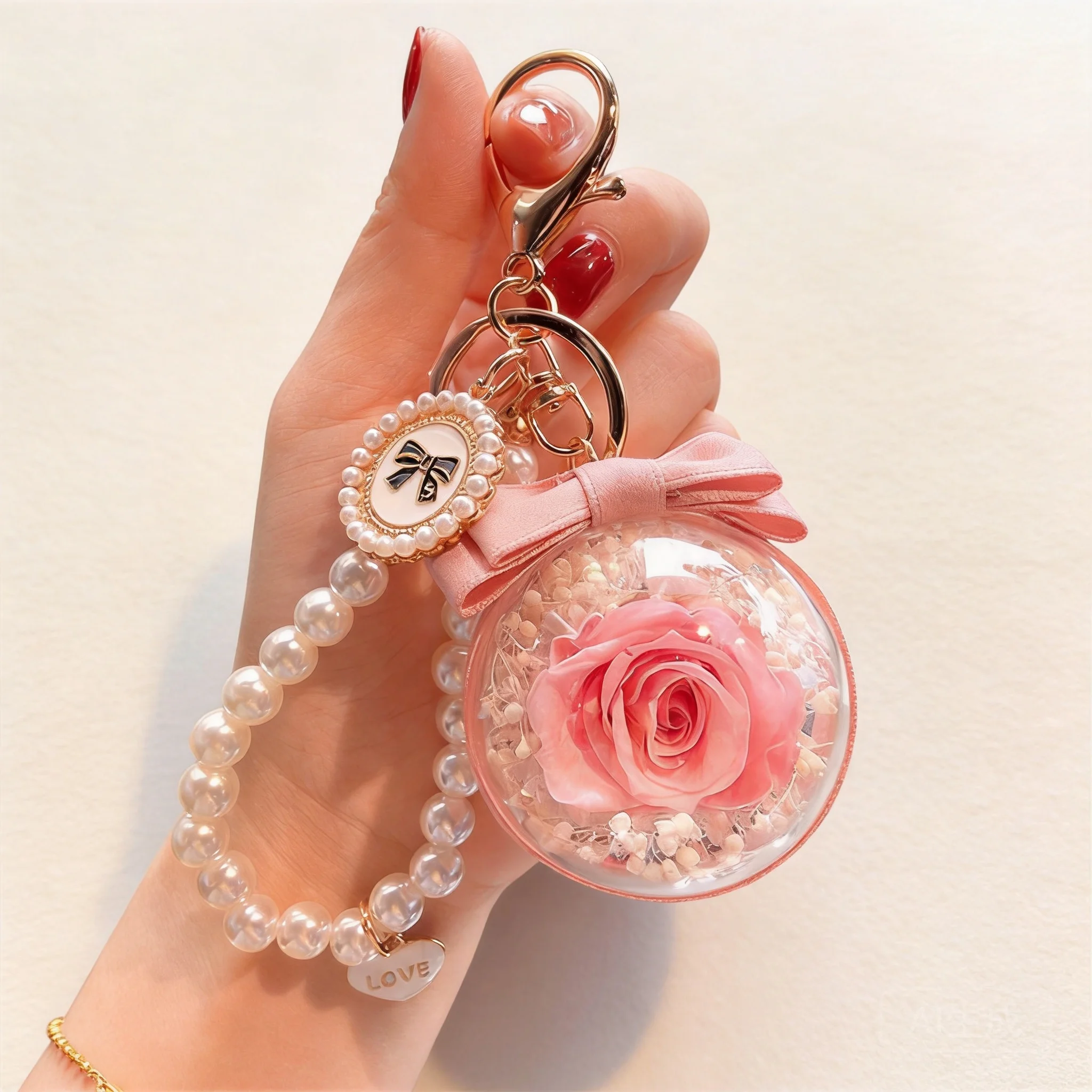 

Lucky Preserved Pink Rose Keychain With Faux Pearl Chain Valentine Gift For Women Bow Decor Car Bag Pendant Good Fortune Blessin
