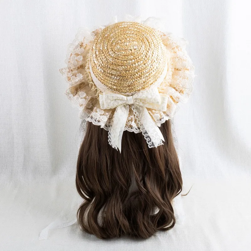 Japanese Pastoral Lace Straw Hat With Bow Ribbon Sweet Lolita Style  Hat For Daily Outdoor Matching