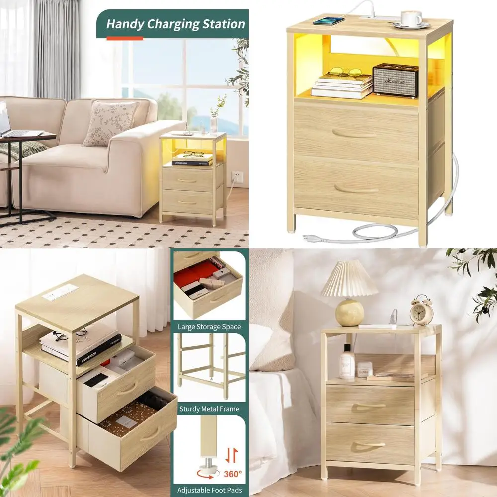 

Прикроватная тумбочка с USB-зарядкой, тканевыми ящиками, светодиодной подсветкой и полкой для хранения