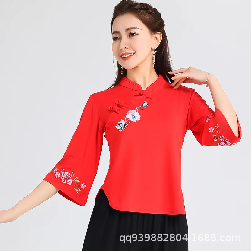 Square dance costume, dance costume, top with middle sleeves, Chinese style, new Chinese style embroidery, trumpet sleeves, top