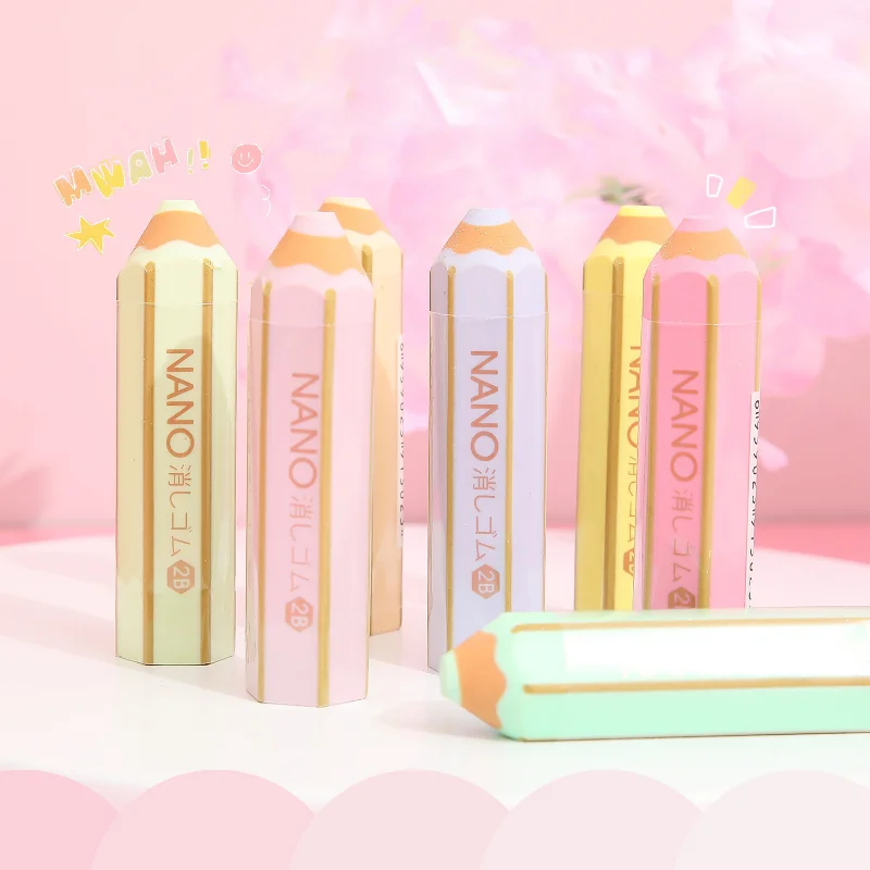 Kawaii Pencil Shape Rubber Eraser Korean Stationery Macaron Color Cute Pencil Erasers Kids Writing Tools School Office Supplies