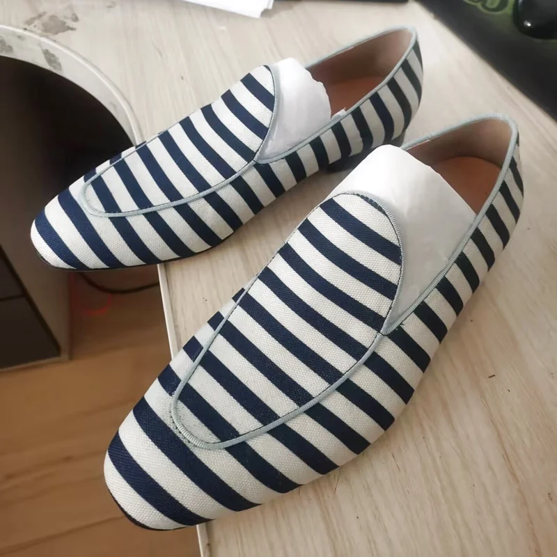 

British Style White And Blue Mixed Colors Striped Shoes Man Canvas Loafers Casual Shoes Summer Slip On Men's Driving Shoes