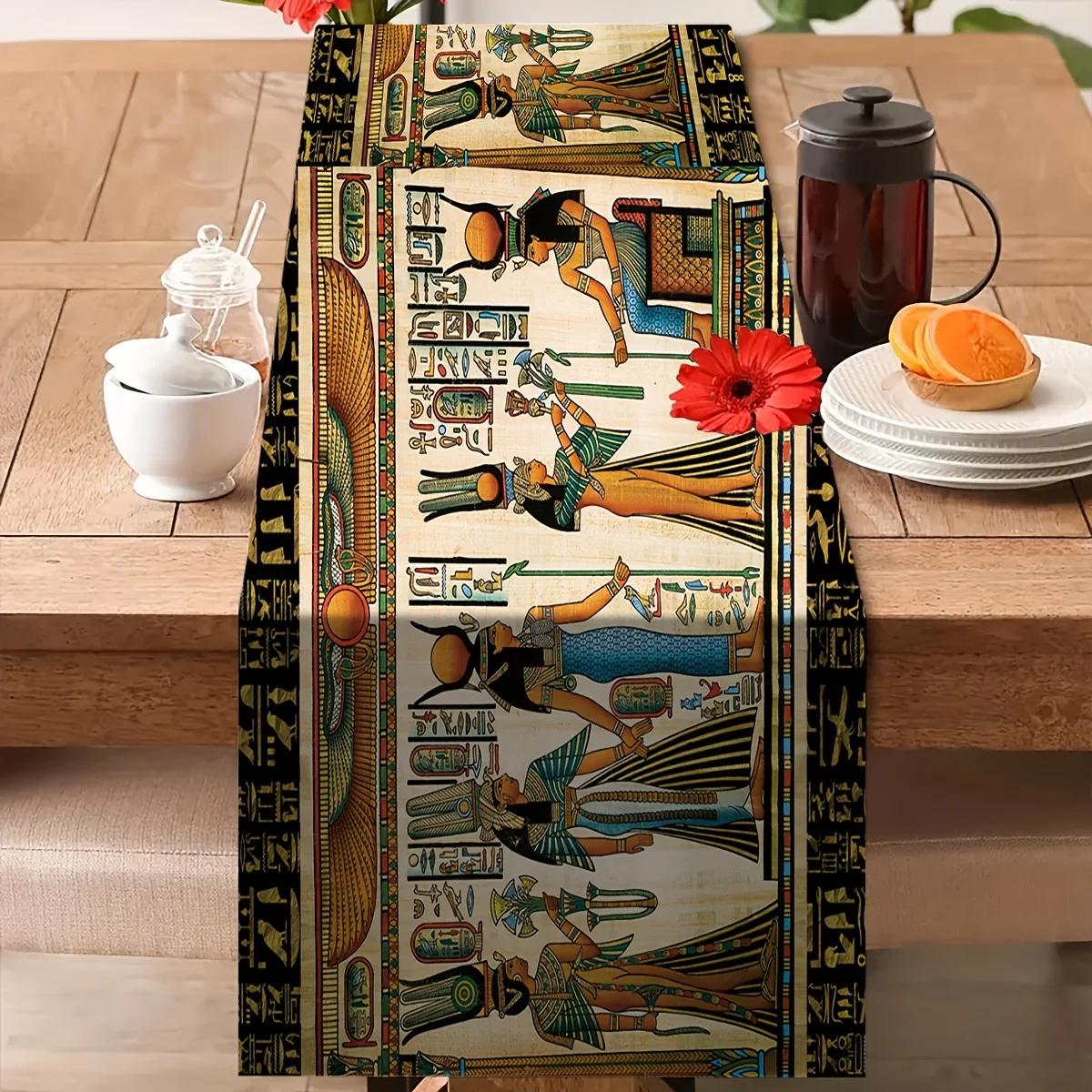 Boho Digital Print Table Runner - Vibrant Bohemian Geometric Motif Decoration for Dining Kitchen Home Party Holiday Gift