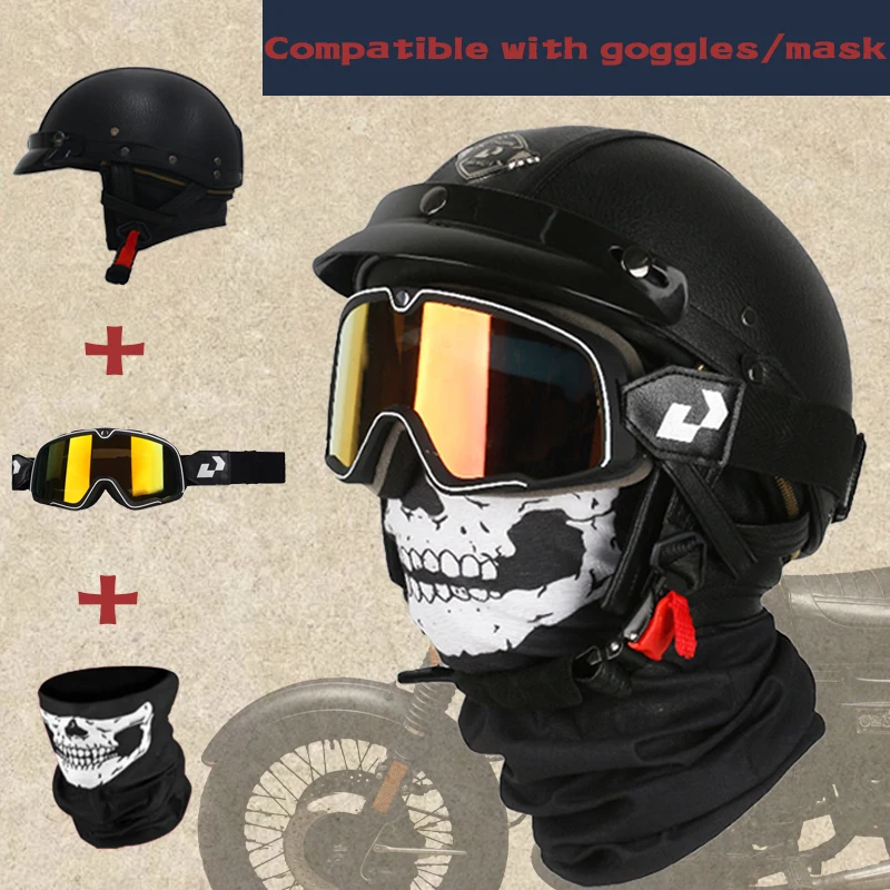 

Motorcycle Half Helmet with Windproof Goggles & Face Mask, Lightweight Breathable