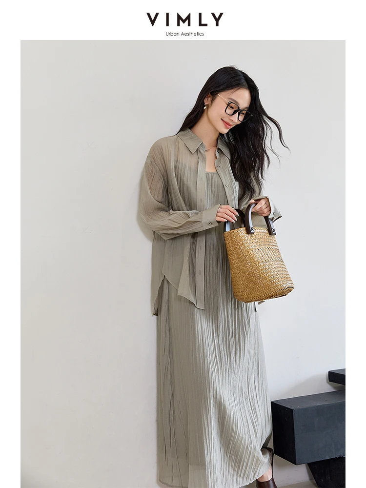 VIMLY Women\'s Office Lady Dress Sets 2026 Summer Simple Casual Chic Halter Dress+Loose Cardigan Shirt Elegant Spring Two Pieces
