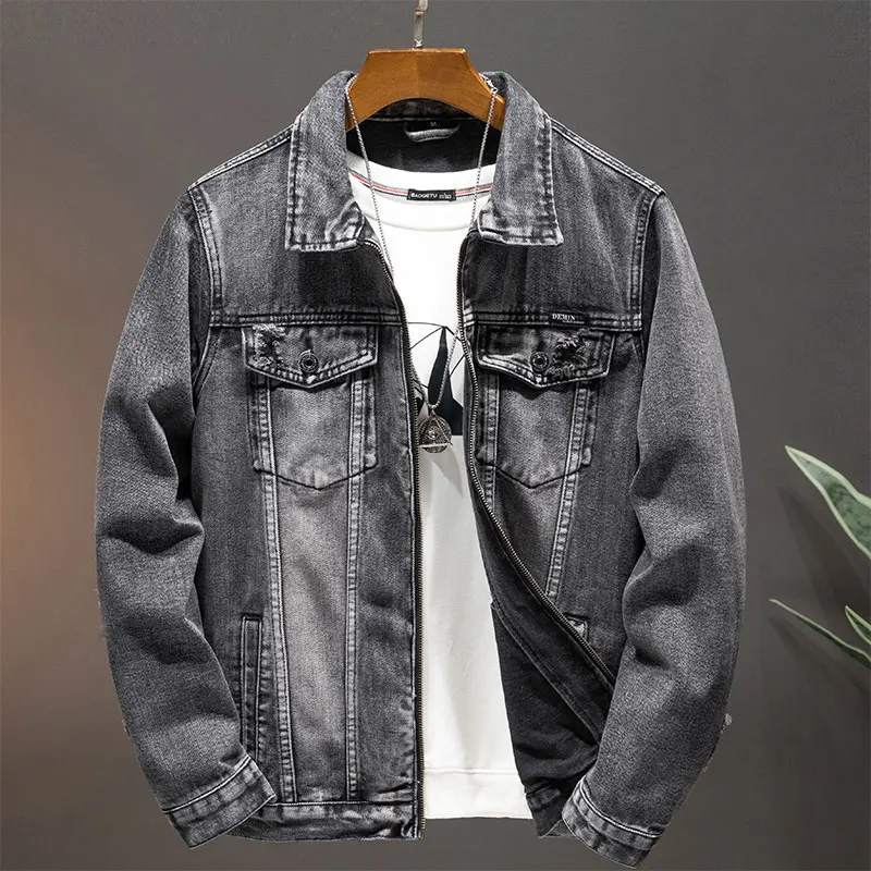 

High-End Casual Denim Jacket Men's High Street Fashion Brand Smoky Gray Loose Zip Jacket plus Size Workwear Handsome Menswear