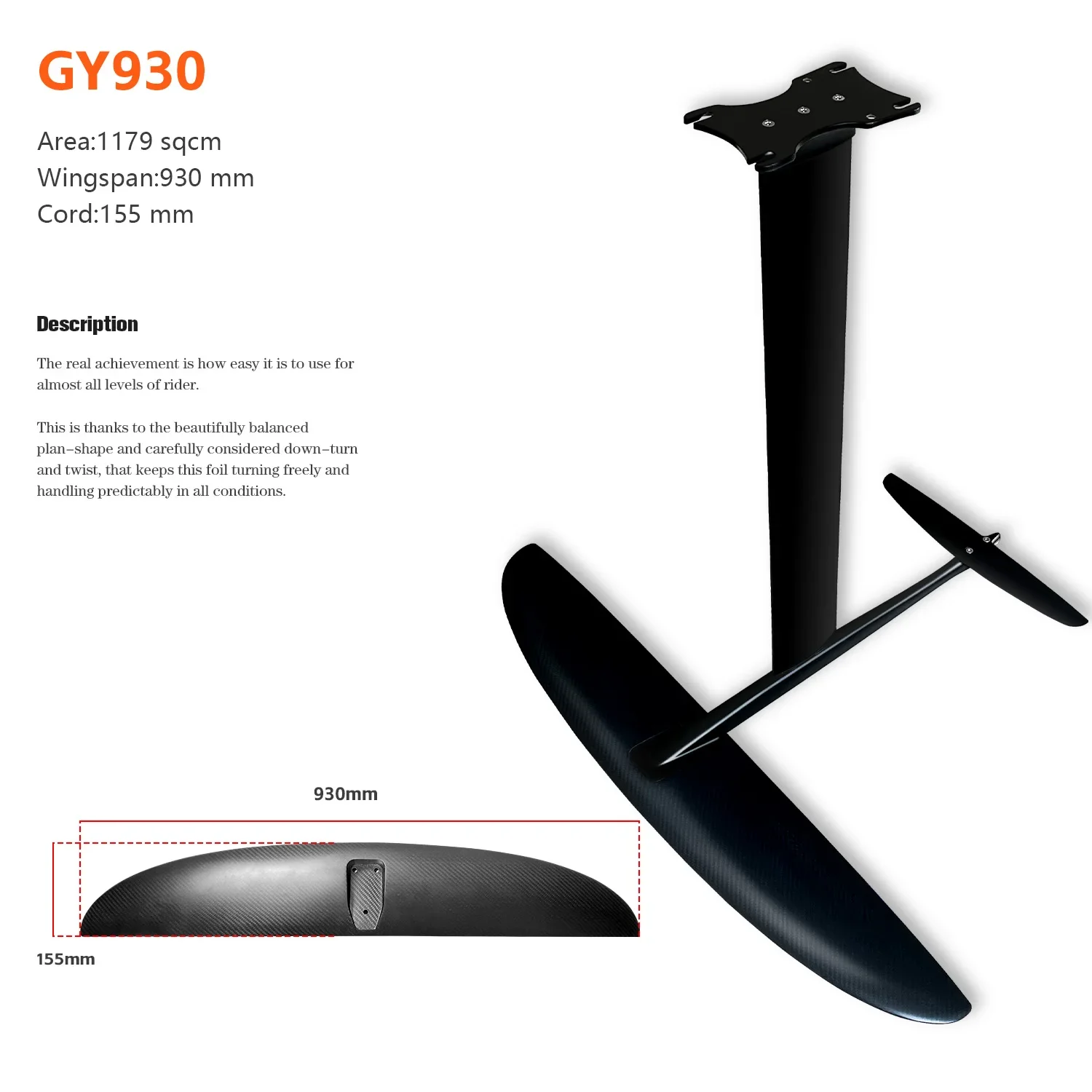 Hot Selling Kuayo GY930 1179sqcm Small Blade Carbon Fiber Front Wing Foil 90cm Mast Efoil Water Use Surfboard Hydrofoil Surfing