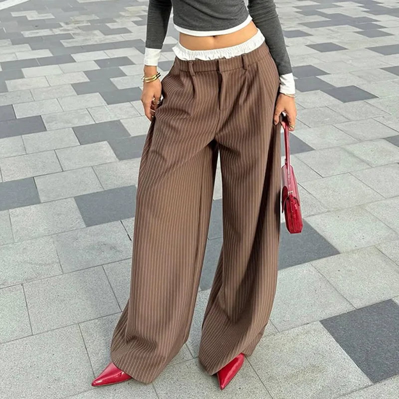 

2025 Summer New Cross Border Waist Patch Stripe Casual Pants Simple Drape Contrast Straight Suit Pants