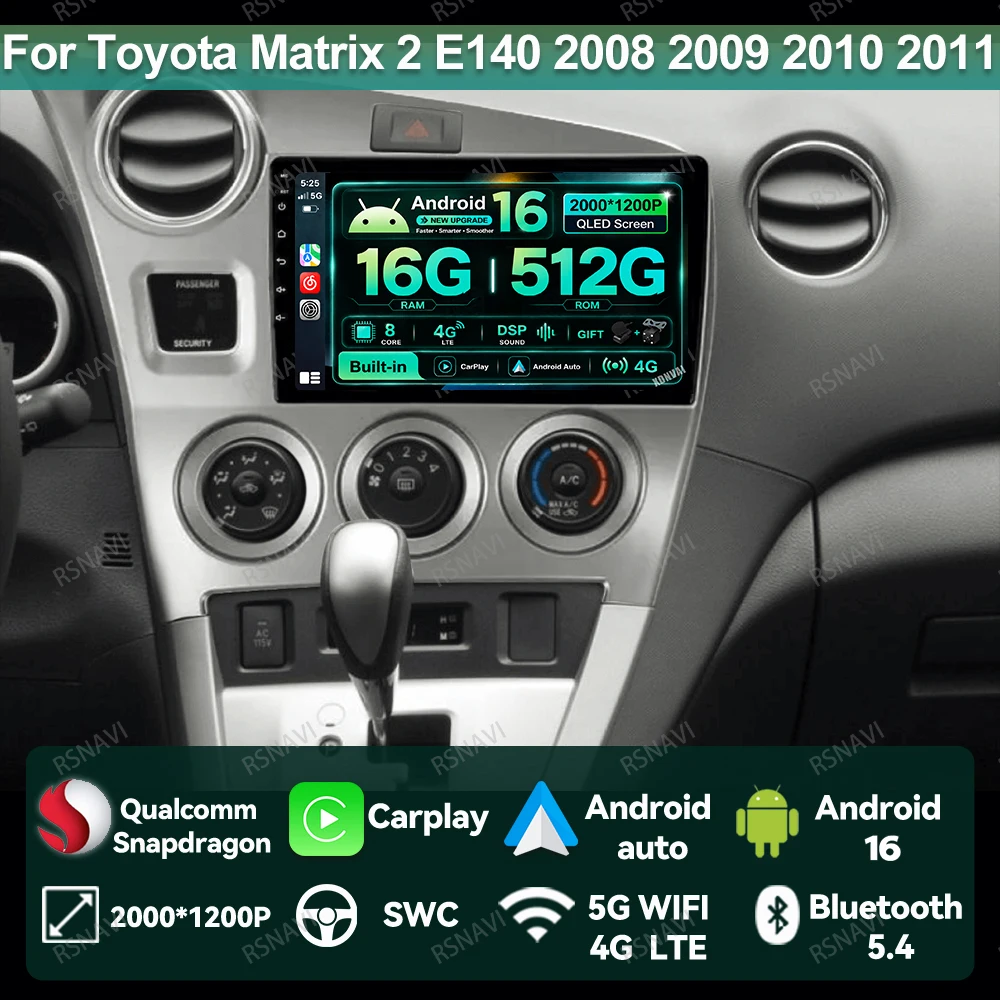 Radio para coche Android 16 para Toyota Matrix 2 E140 2008 2009 2010 2011 2012 2013 2014, unidad principal, reproductor de vídeo, BT, estéreo, WIFI + 4G, AUTO