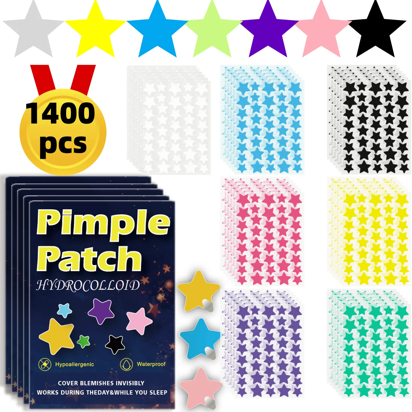 1400 pieces of multi-color star acne patches, facial acne patches, concealer acne patches, and pimples patches, ultra-thin