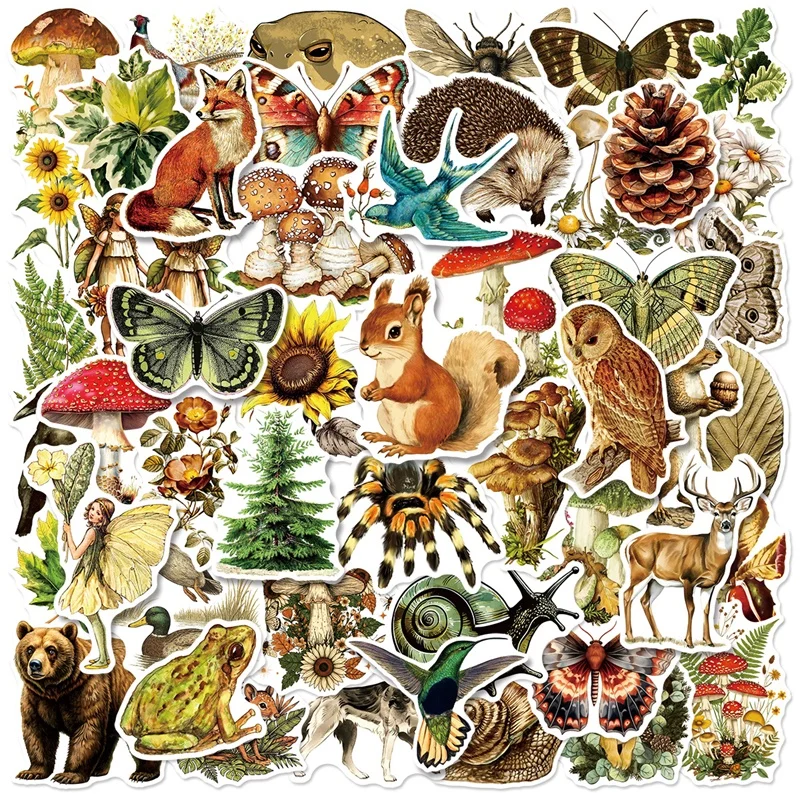 

10/30/50PCS Retro Animal Plant Sticky PVC Sticker Aesthetic DIY Decoration Scrapbooking Hand Accounting Supplies