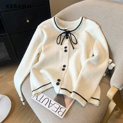 Women's Casual Vintage Lace-up Knitting Long Sleeve Pullovers 2024 Spring Fashion Round Neck Ladies Single Breasted Sweater Top