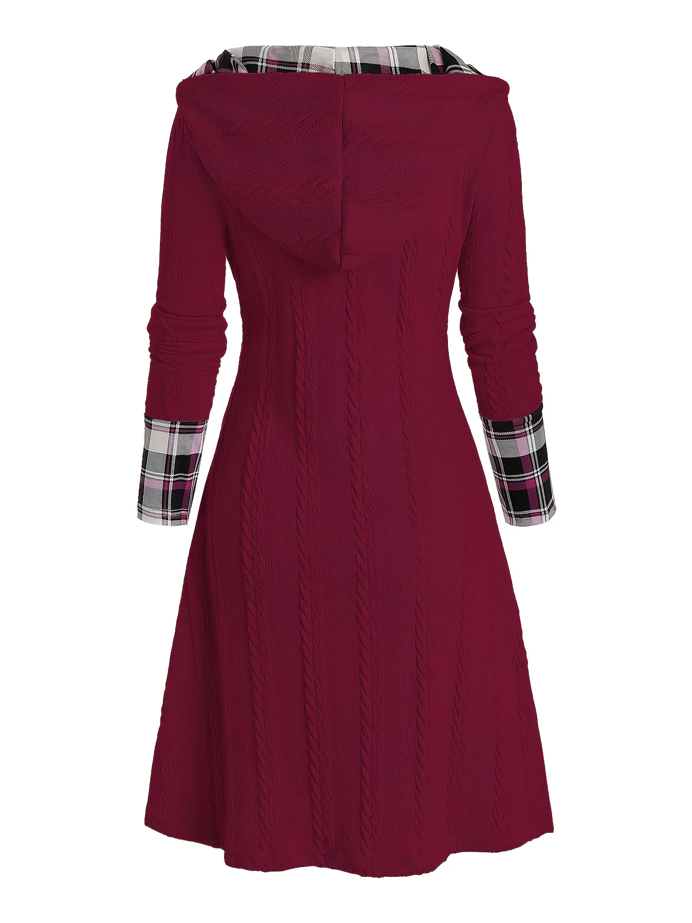 Damen-Kleid mit Karomuster, Kapuze, hoher Taille, A-Linie, lange Ärmel, aus Strick, mit dekorativer Schnallendetail. – Detail 14