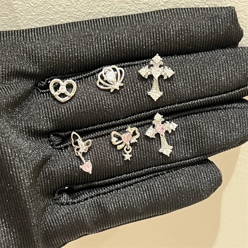 1pcs Shiny Cross Pink Zircon Silver Color 316L Stainless Steel Ear Bone Nail Y2K Hottie Earring for Women Cochlear accessories