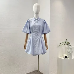 New 2024 Spring Summer High Quality Light Blue Lantern Half Sleeve Puffed Hem Yellow Mini Dress for Women