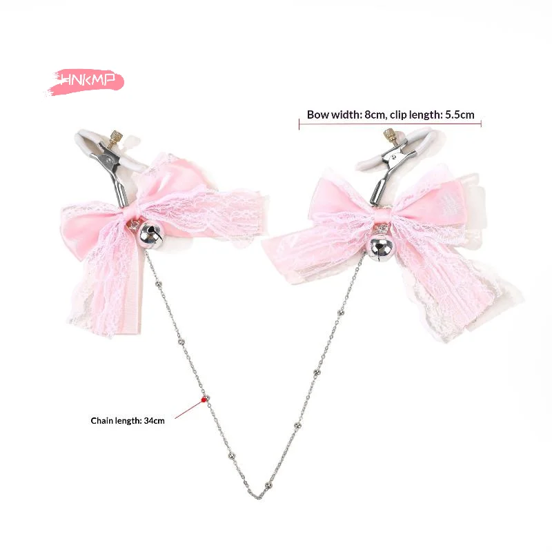 1Pair Lace Butterfly Knot Bell Nipple Clamps with Chain Adult Toy Sexy Teasing Accessory Polyester Fabric Cute Girl Style - view 6
