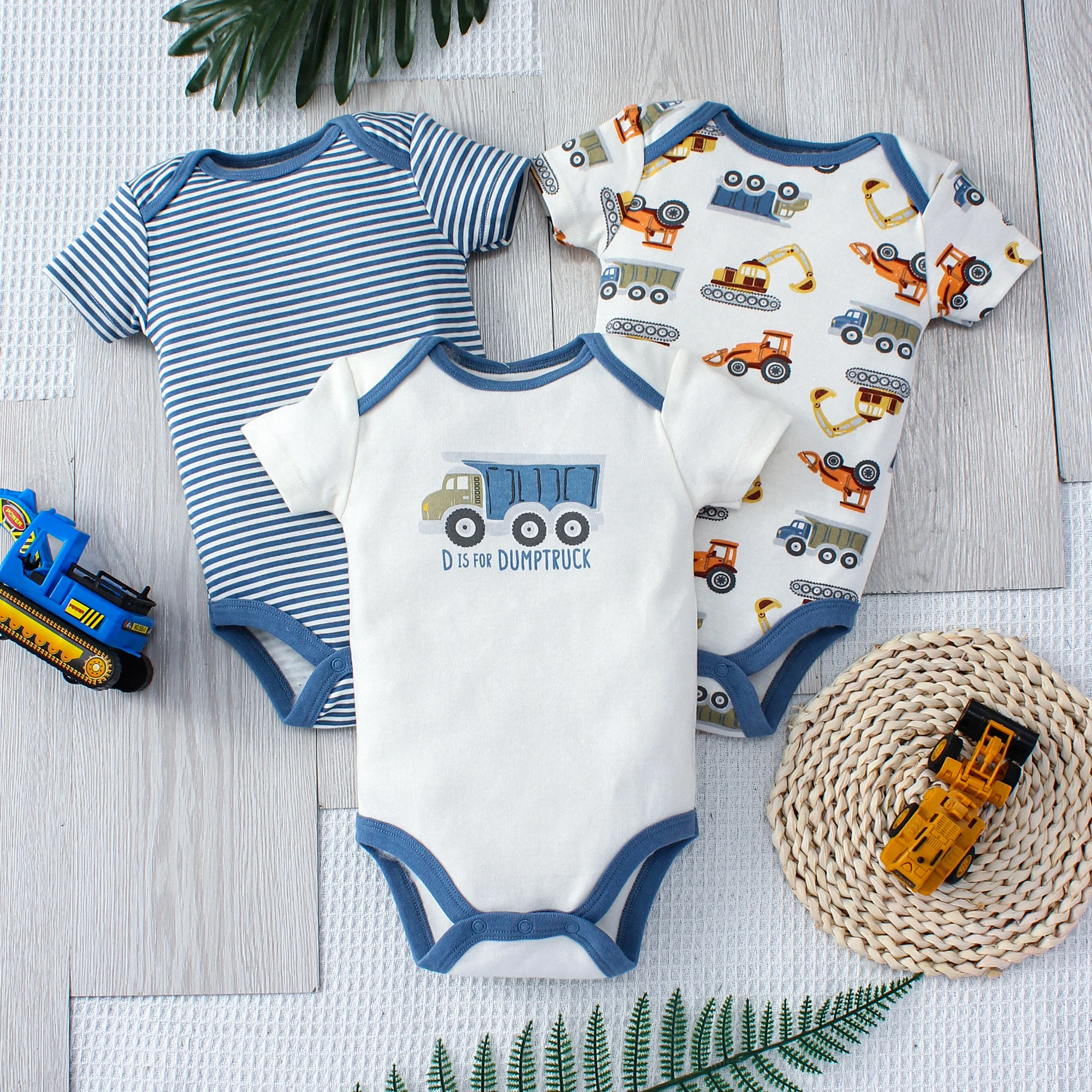 3PCS Summer Boys Baby Bodysuit Three piece Set Cartoon Truck and Stripe Pattern Short Sleeve Button Design Triangle Bodysuit