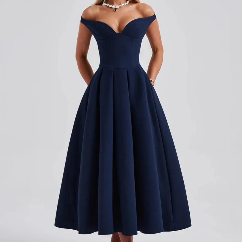 

2025 Spring And Summer New Women Fashion Sexy Off The Shoulder Elegant V Neck Backless Pleated Ball Evening Dress