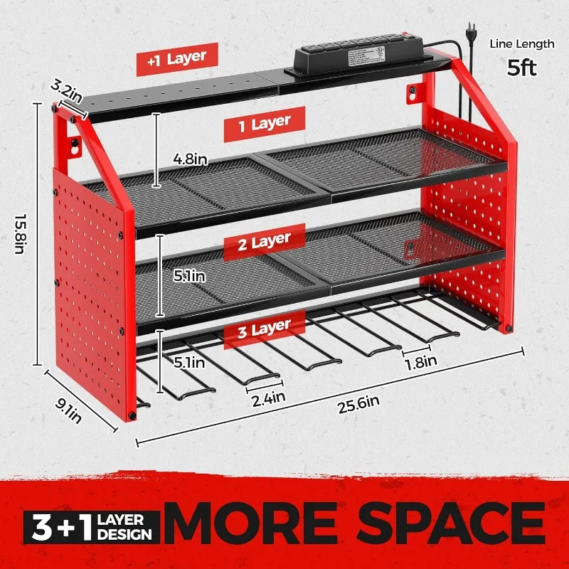 Power Tool Organizer Wall Mount with Charging Station. Patented, Heavy Duty Steel, Garage 6 Drill Storage Shelf, 8 Hooks