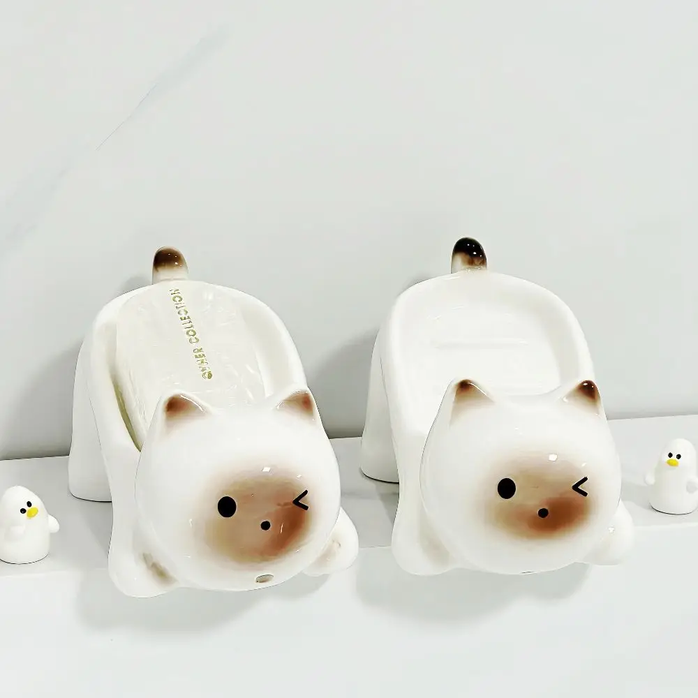 

Bathroom Accessories Ceramic Cat Soap Box Cute Household Soap Holder Cartoon Self Draining Bathroom Storage Rack Kitchen