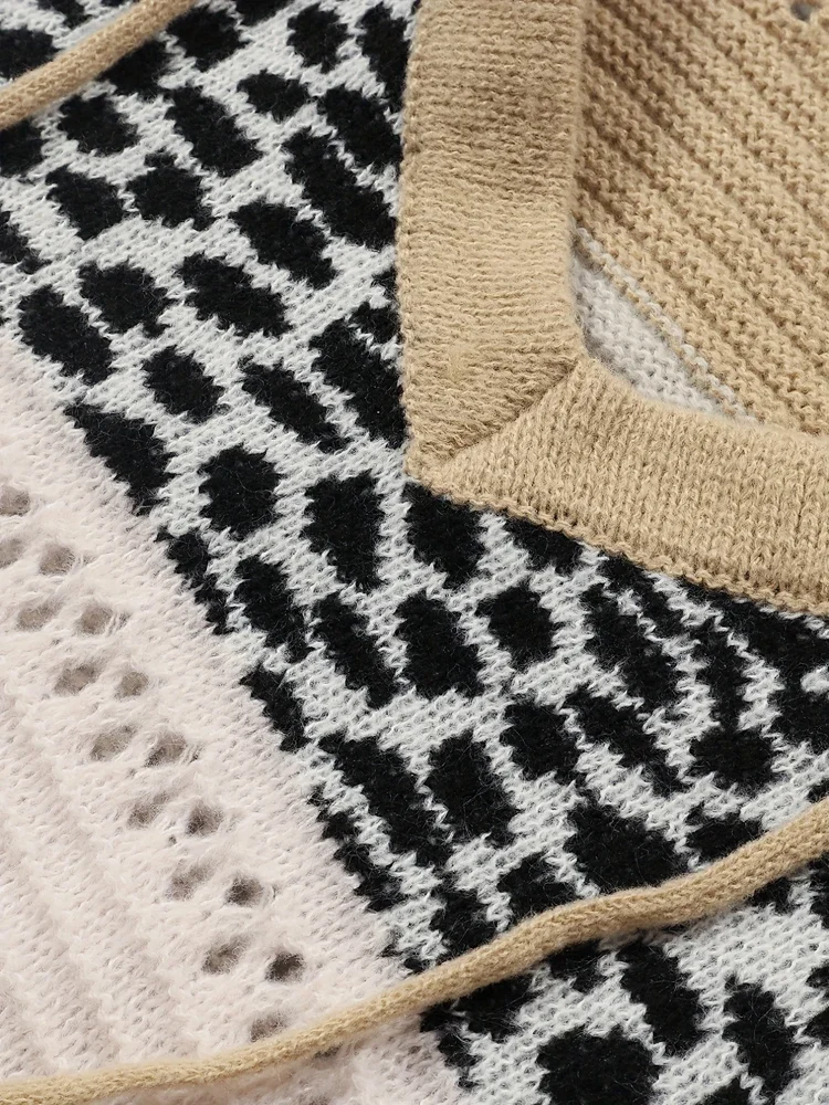 Maglione a blocchi di colore con stampa leopardata con cappuccio pop autunno e inverno da donna taglie forti Materiale acrilico stile casual