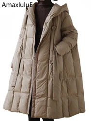AmaxluluE Womens Hooded Design Solid Duck Down Jacket 2025 Winter Korean Style Warm Loose Casual Long Coat Vintage Padded Parkas